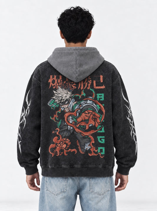 My Hero Academia Premium Black and Grey Washed Hoodie on model, back view