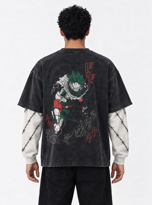 My Hero Academia Premium Washed Double Sleeves T-Shirt on model, back view