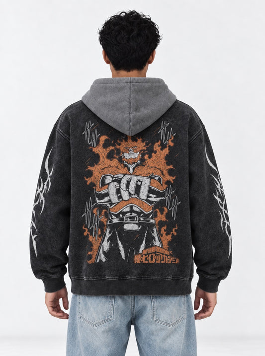 My Hero Academia Relaxed Black and Grey Washed Hoodie on model, back view