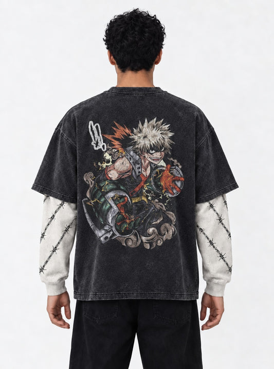 My Hero Academia Relaxed Washed Double Sleeves T-Shirt on model, back view