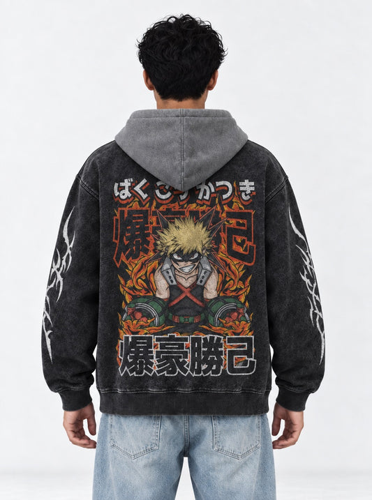 My Hero Academia Retro Black and Grey Washed Hoodie on model, back view