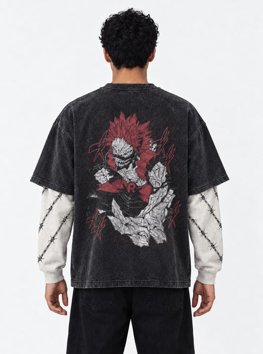 My Hero Academia Retro Washed Double Sleeves T-Shirt on model, back view