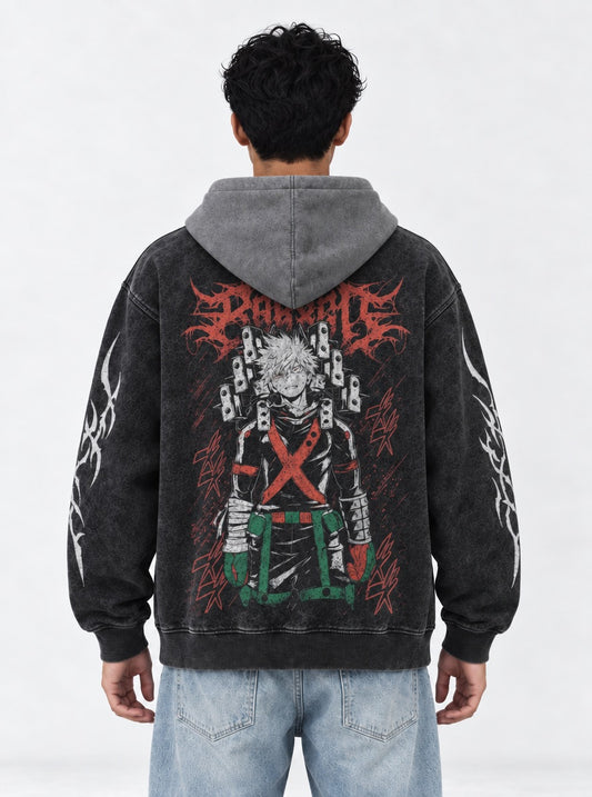 My Hero Academia Signature Black and Grey Washed Hoodie on model, back view