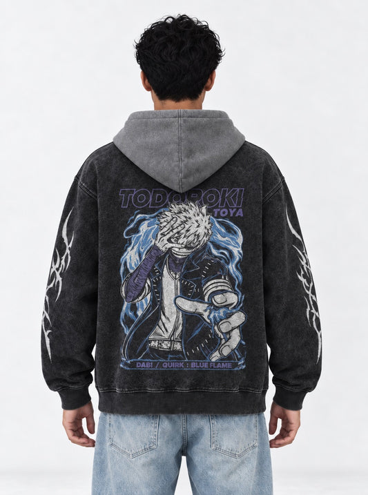 My Hero Academia Soft Black and Grey Washed Hoodie on model, back view