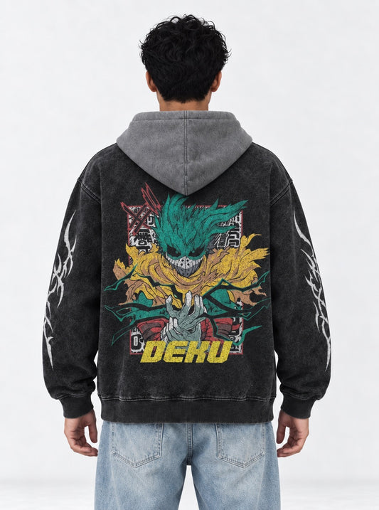 My Hero Academia Statement Black and Grey Washed Hoodie on model, back view