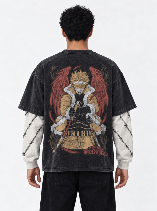 My Hero Academia Statement Washed Double Sleeves T-Shirt on model, back view