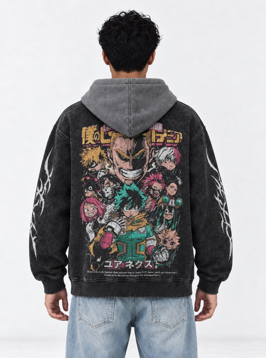 My Hero Academia Streetwear Black and Grey Washed Hoodie on model, back view