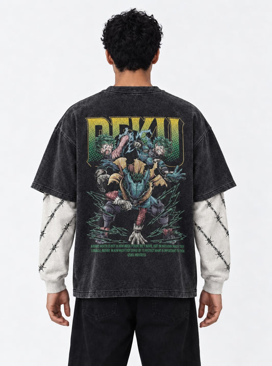 My Hero Academia Streetwear Washed Double Sleeves T-Shirt on model, back view