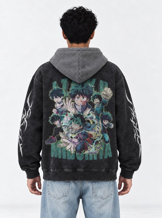 My Hero Academia Timeless Black and Grey Washed Hoodie on model, back view