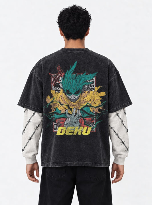 My Hero Academia Timeless Washed Double Sleeves T-Shirt on model, back view