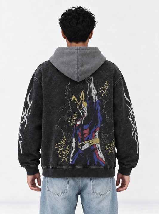 My Hero Academia Urban Black and Grey Washed Hoodie on model, back view