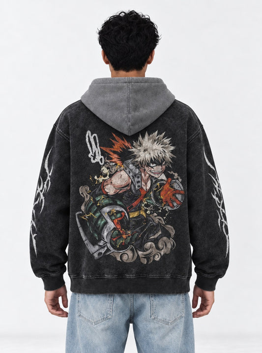 My Hero Academia Vintage Black and Grey Washed Hoodie on model, back view