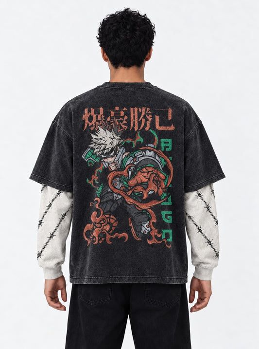 My Hero Academia Vintage Washed Double Sleeves T-Shirt on model, back view
