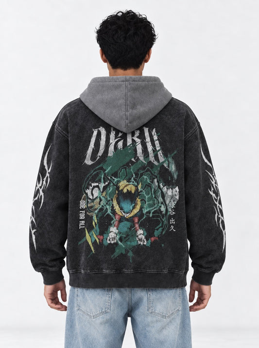 My Hero Academia Washed Black and Grey Washed Hoodie on model, back view