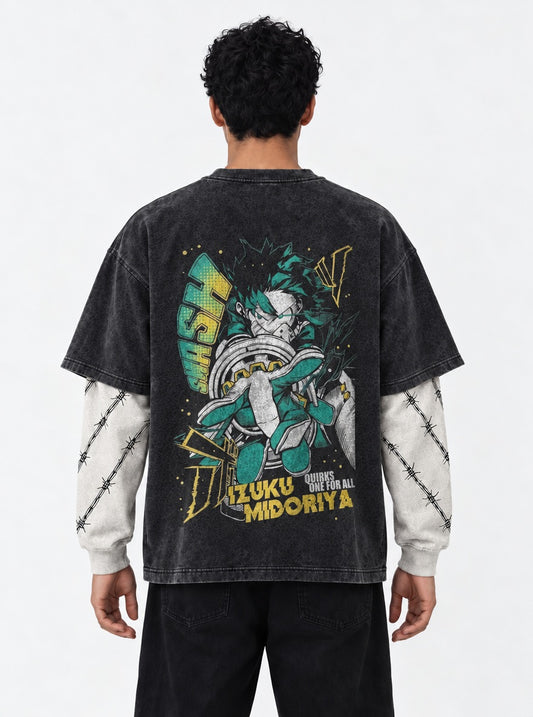 My Hero Academia Washed Washed Double Sleeves T-Shirt on model, back view