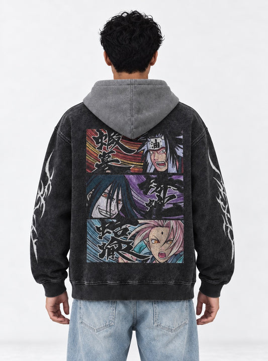 Naruto Bold Black and Grey Washed Hoodie on model, back view