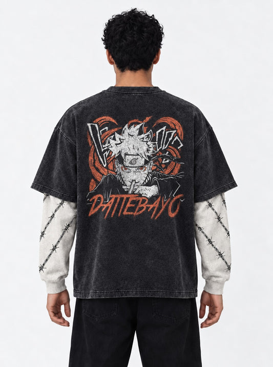 Naruto Bold Washed Double Sleeves T-Shirt on model, back view
