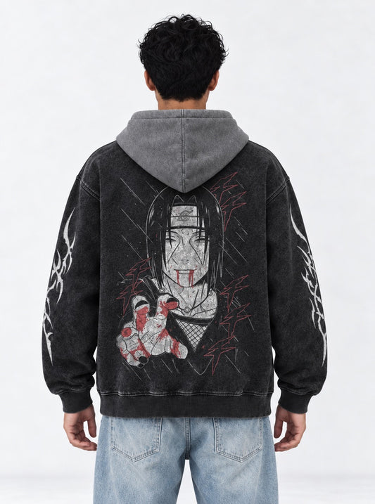Naruto Classic Black and Grey Washed Hoodie on model, back view