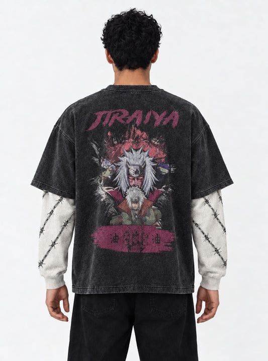 Naruto Classic Washed Double Sleeves T-Shirt on model, back view