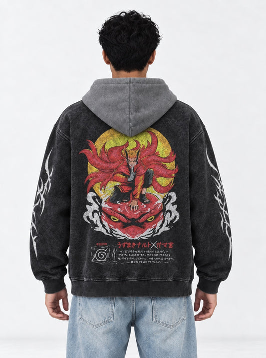 Naruto Clean Black and Grey Washed Hoodie on model, back view