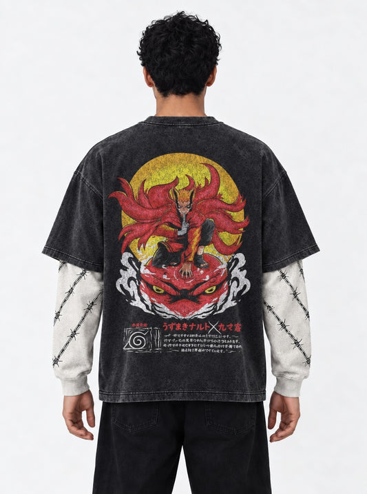 Naruto Clean Washed Double Sleeves T-Shirt on model, back view
