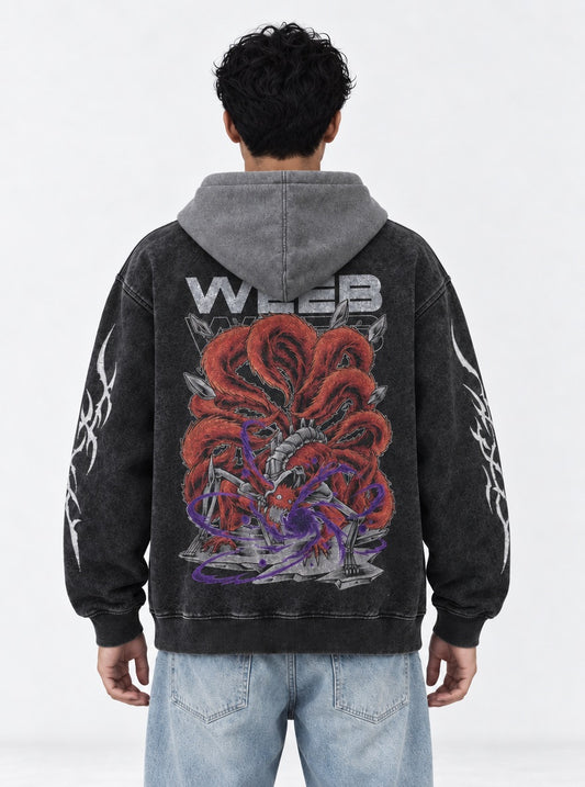 Naruto Cozy Black and Grey Washed Hoodie on model, back view