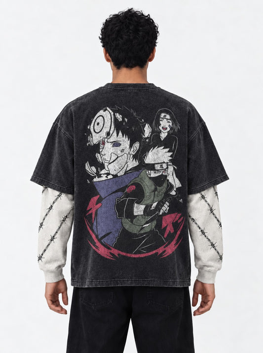 Naruto Cozy Washed Double Sleeves T-Shirt on model, back view