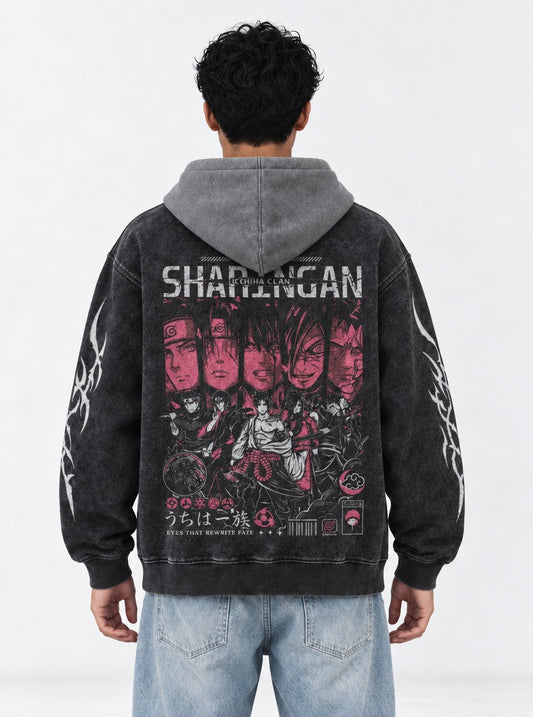 Naruto Essential Black and Grey Washed Hoodie on model, back view