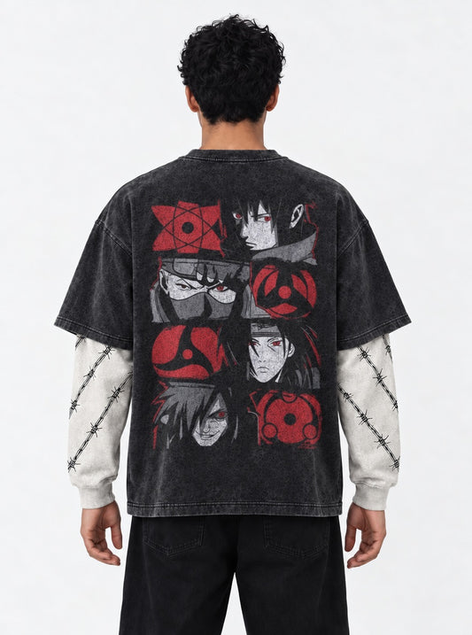 Naruto Essential Washed Double Sleeves T-Shirt on model, back view
