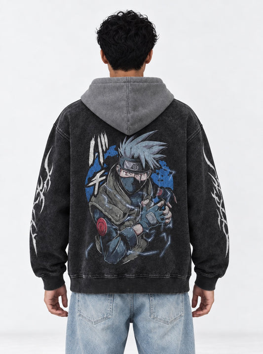 Naruto Everyday Black and Grey Washed Hoodie on model, back view