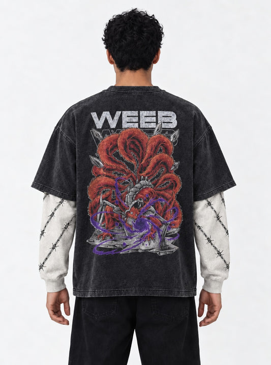 Naruto Everyday Washed Double Sleeves T-Shirt on model, back view