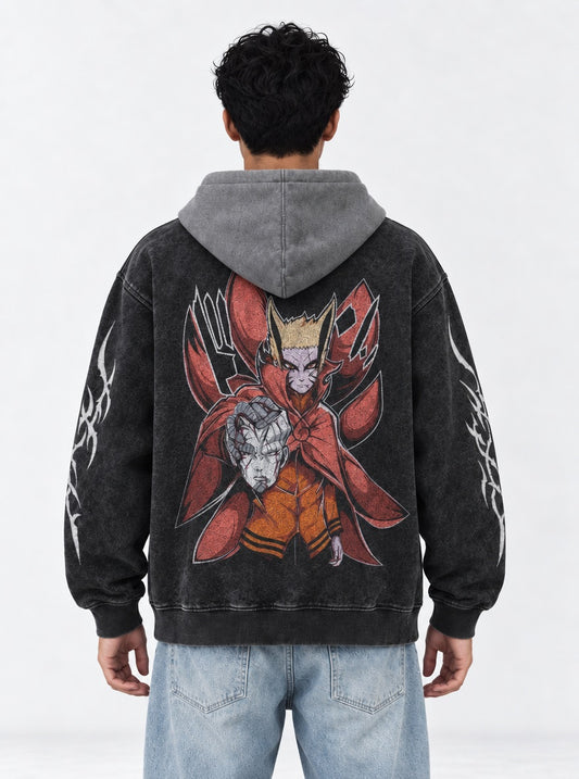 Naruto Graphic Black and Grey Washed Hoodie on model, back view