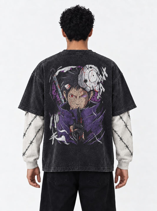 Naruto Graphic Washed Double Sleeves T-Shirt on model, back view