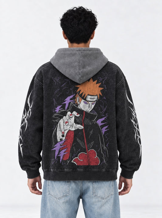 Naruto Heavyweight Black and Grey Washed Hoodie on model, back view