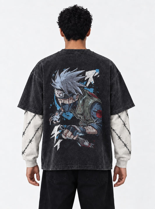 Naruto Heavyweight Washed Double Sleeves T-Shirt on model, back view