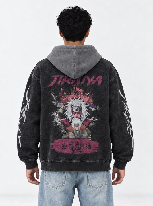Naruto Lightweight Black and Grey Washed Hoodie on model, back view
