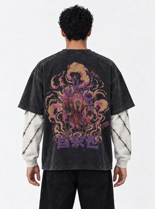 Naruto Lightweight Washed Double Sleeves T-Shirt on model, back view