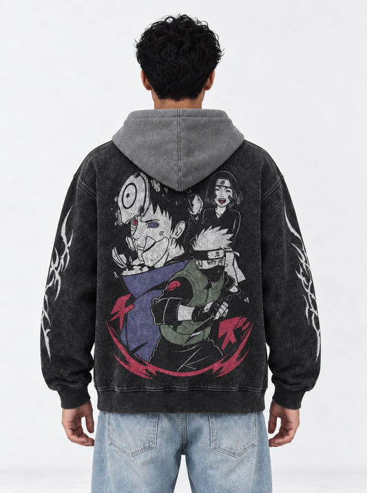 Naruto Luxe Black and Grey Washed Hoodie on model, back view