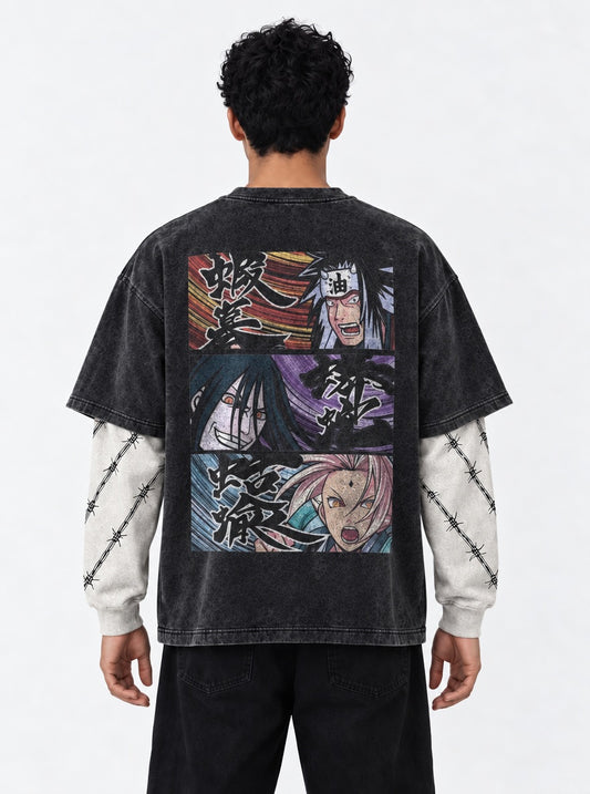 Naruto Luxe Washed Double Sleeves T-Shirt on model, back view