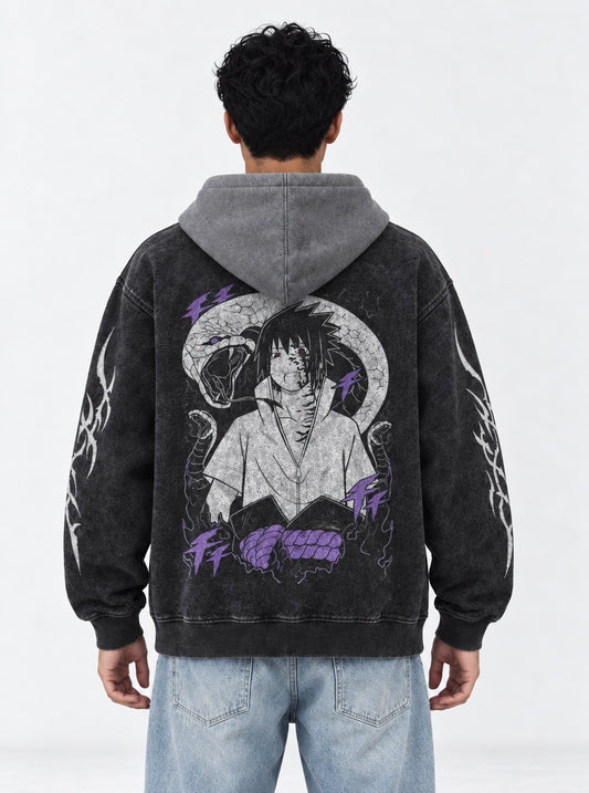 Naruto Minimal Black and Grey Washed Hoodie on model, back view