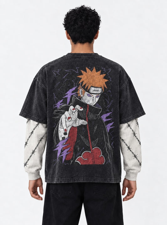 Naruto Minimal Washed Double Sleeves T-Shirt on model, back view