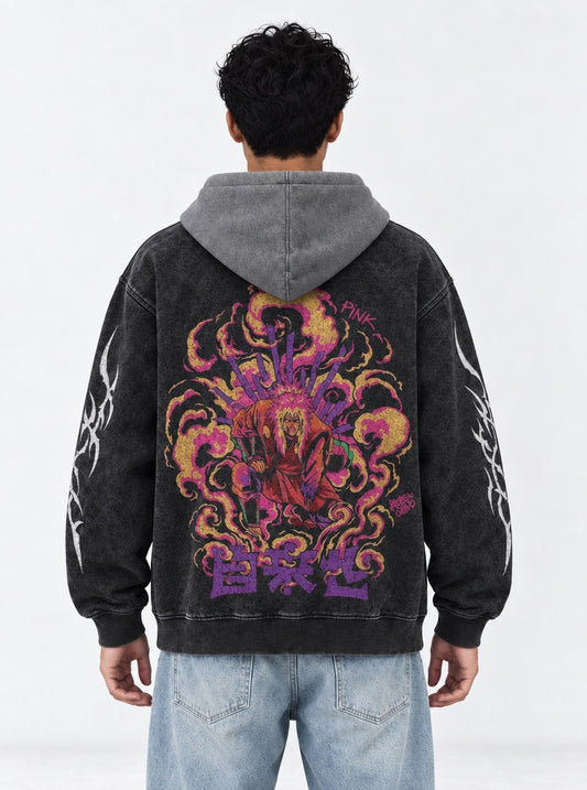 Naruto Oversized Black and Grey Washed Hoodie on model, back view