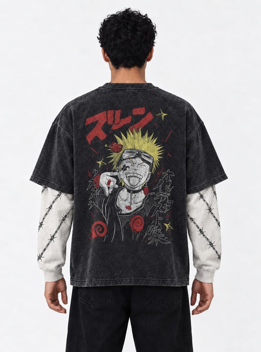Naruto Oversized Washed Double Sleeves T-Shirt on model, back view