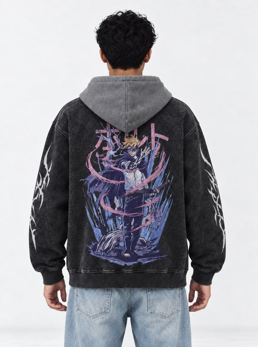 Naruto Premium Black and Grey Washed Hoodie on model, back view