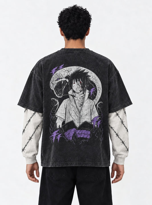 Naruto Premium Washed Double Sleeves T-Shirt on model, back view