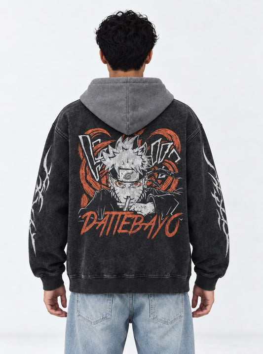 Naruto Relaxed Black and Grey Washed Hoodie on model, back view