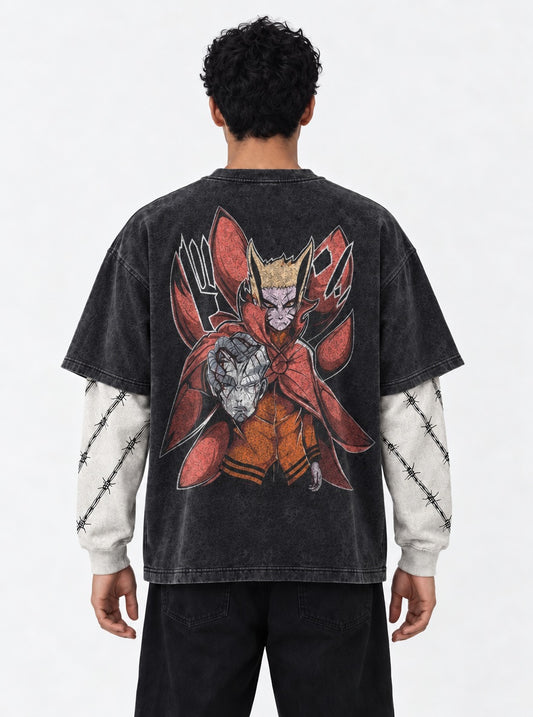 Naruto Relaxed Washed Double Sleeves T-Shirt on model, back view