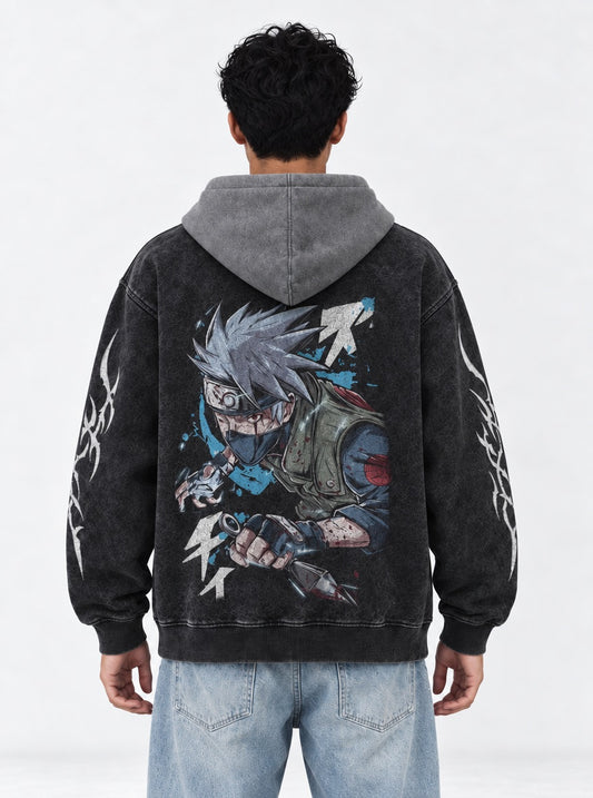 Naruto Signature Black and Grey Washed Hoodie on model, back view