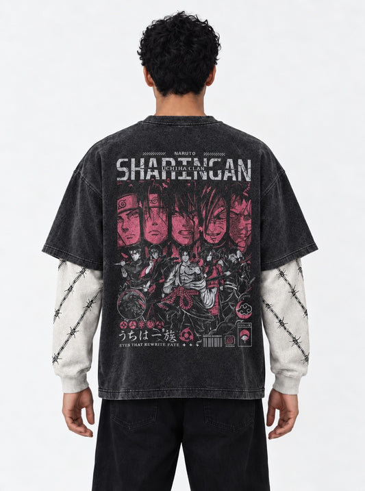 Naruto Signature Washed Double Sleeves T-Shirt on model, back view