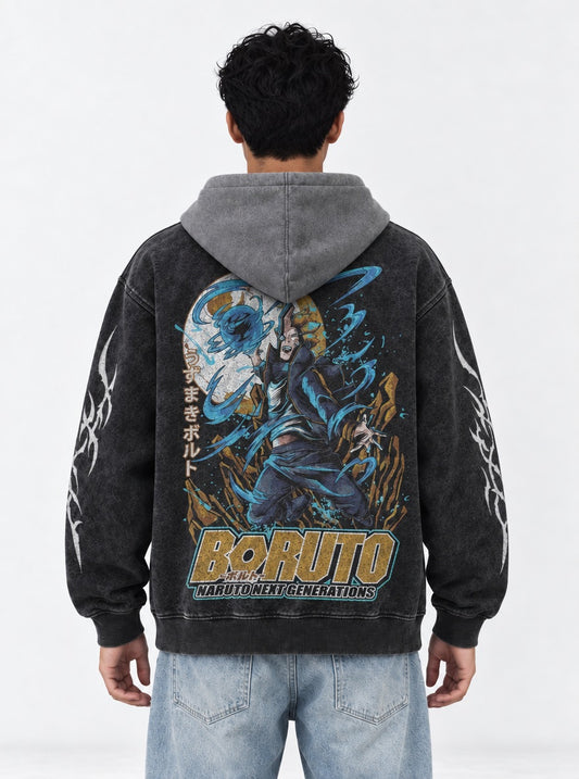 Naruto Soft Black and Grey Washed Hoodie on model, back view